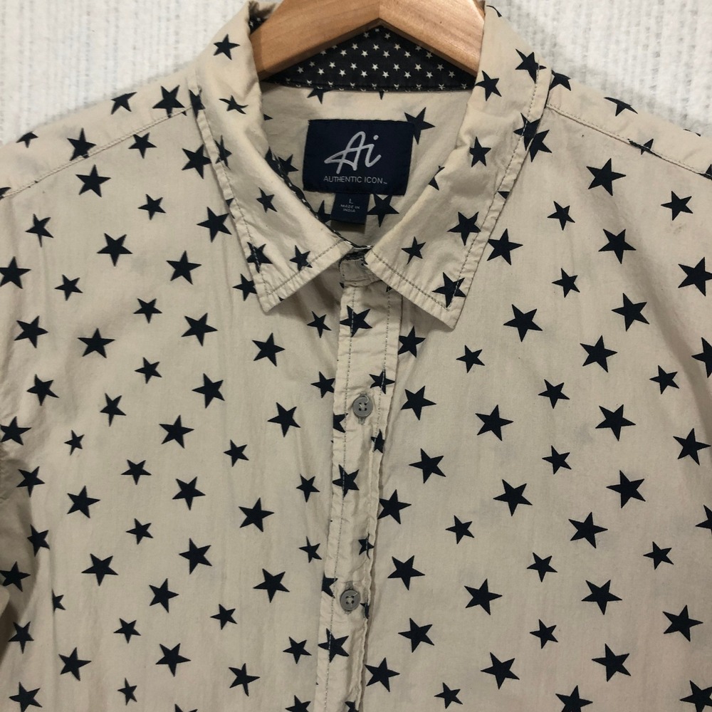 Authentic Icon Mens L Beige Black Star Print Button Up Long‎ Sleeve Shirt